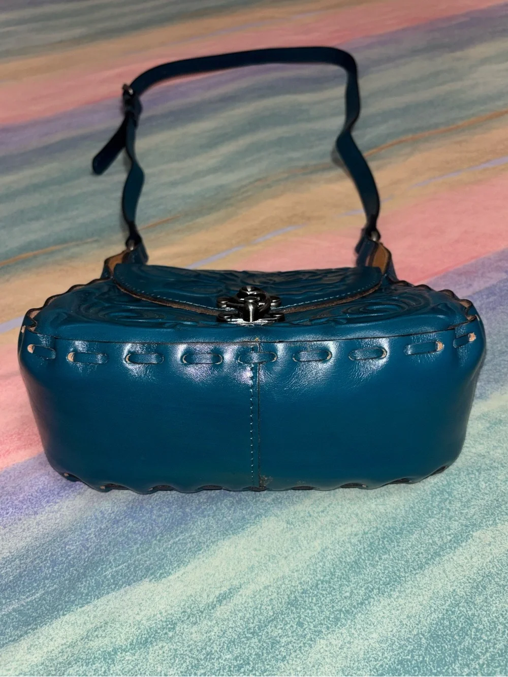 Patricia Nash Lucia blue coral Rose Tooled Crossbody purse